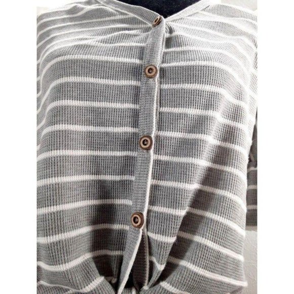 7th Ray Gray Striped Waffle Knit Top Tied Waist 🔥2 for $20🔥 - Picture 2 of 2